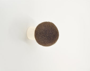 Espresso brown wall hook; decorative wall hook; minimalist and modern wall hook; wool and wood round hook for wall; hat hook; coat hook