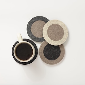 Set of natural colored felt coasters; German milled 10 mm merino wool; large round coasters; sustainable decor; thick wool trivet;