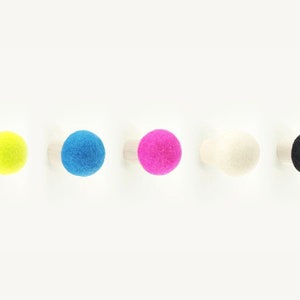 5 Neon wall hooks; CMYK; PRINT Color Collection; decorative wall hook; modern wall hook; wool and wood round hook for wall