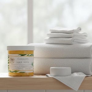 May include: A jar of carrots hair mask with a white lid and label, next to a stack of white towels and a small white soap dish. The label has text and green leaf illustrations. The items are on a wooden shelf.