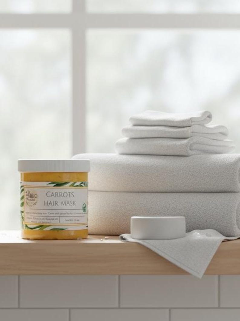 May include: A jar of carrots hair mask with a white lid and label, next to a stack of white towels and a small white soap dish. The label has text and green leaf illustrations. The items are on a wooden shelf.