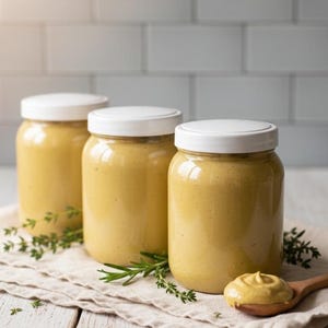 May include: Three glass jars filled with a yellow condiment, each topped with a white lid. A small wooden spoon holds a dollop of the condiment. Fresh herbs are scattered around the jars on a linen cloth, set on a white wooden surface.