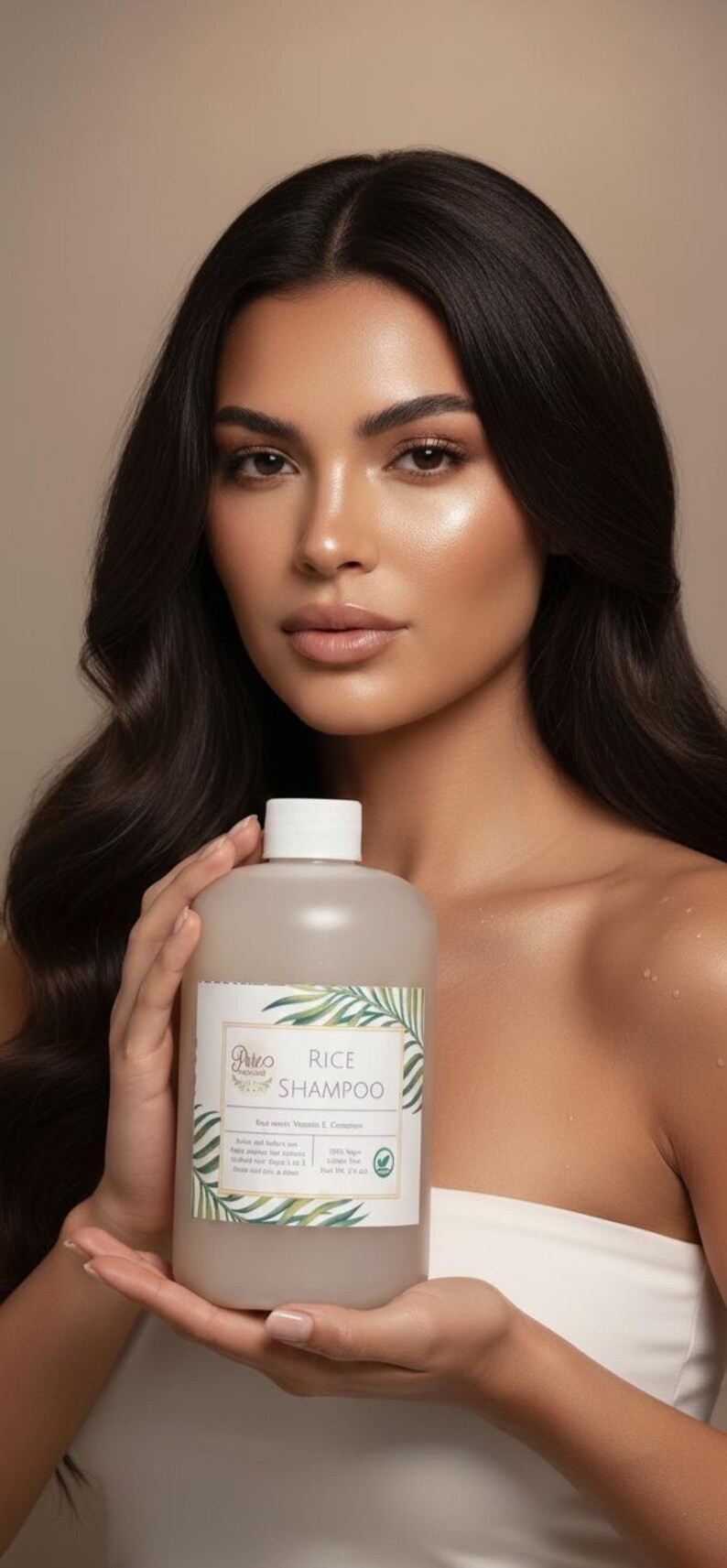 Puede incluir: Una botella de champ&uacute; de arroz se sostiene frente a una mujer. La botella es de color beige claro con una tapa blanca y una etiqueta con ilustraciones de hojas verdes y el texto "Rice Shampoo". La mujer tiene el pelo largo y oscuro y lleva una camiseta blanca.