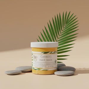 May include: A jar of "Carrots Hair Mask" with a white lid and a label featuring text and botanical illustrations. The jar is surrounded by smooth gray stones and a green palm leaf. The jar contains 170 grams of product.