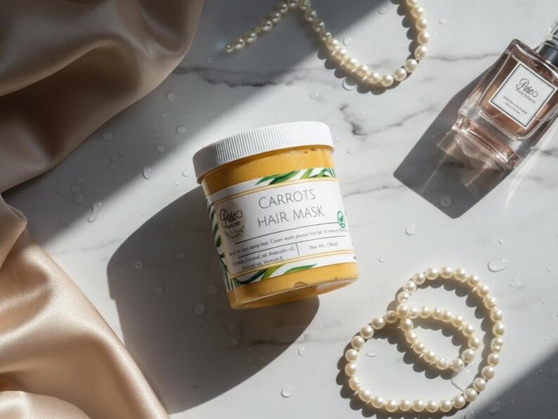 May include: A jar of "Carrots Hair Mask" with a white lid, set on a marble surface. The jar is surrounded by a pearl necklace, a bottle of perfume, and a satin cloth. The hair mask has a yellow-orange color.