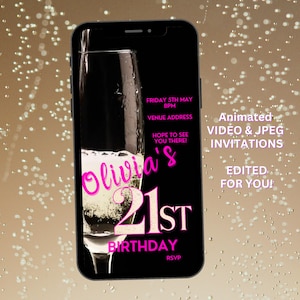 Champagner Geburtstag 18., 21. Party Einladung, JPEG & VIDEO mit Musik, Girl's Party, animierte einladen, Foto Evite