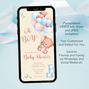 Invito per baby shower con orsacchiotto, JPEG digitale e video con invito musicale, invito senza carta per neonato, invito elettronico