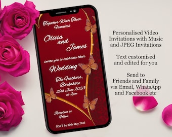 May include: A red and gold wedding invitation on a smartphone screen. The invitation features butterflies, a gold border, and the text "Together With Their Families Olivia and James invite you to celebrate their Wedding The Feathers, Berkshire 20th June 2023 at 2pm Reception to Follow RSVP by 20th May 2023".