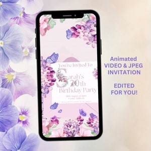 Invito festa di compleanno con farfalla floreale, JPEG e VIDEO digitali con invito musicale, invito animato senza carta, invito animato