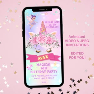 Invito alla festa di compleanno di unicorno, JPEG e VIDEO digitali con musica, festa per ragazze, animato, senza carta, invito elettronico, modificato per te