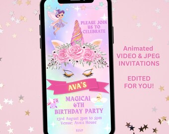Unicorn Birthday Party Invitation, Digital JPEG & VIDEO with Music, Girl's Party, Animated, Paperless, E-Invite, edited for you