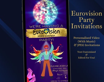 Eurovision Song Contest Party Invitation, Digital JPEG & VIDEO with Music, Animated EuroVision Invite, digital invites
