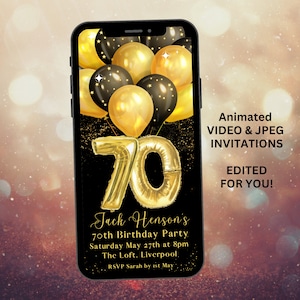 Invitation à la fête du 70e anniversaire noir et or (tout âge), JPG numérique et VIDÉO avec musique, Invitation animée, Photo Evite