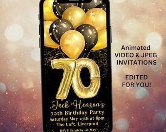 Può includere: Un invito digitale nero e oro per una festa di compleanno per il 70° anniversario. L'invito presenta uno schermo di telefono con palloncini dorati a forma del numero 70. Il testo sull'invito recita: "Jack Henson's 70th Birthday Party, Saturday May 27th at 8pm, The Loft, Liverpool. RSVP Sarah by 1st May."