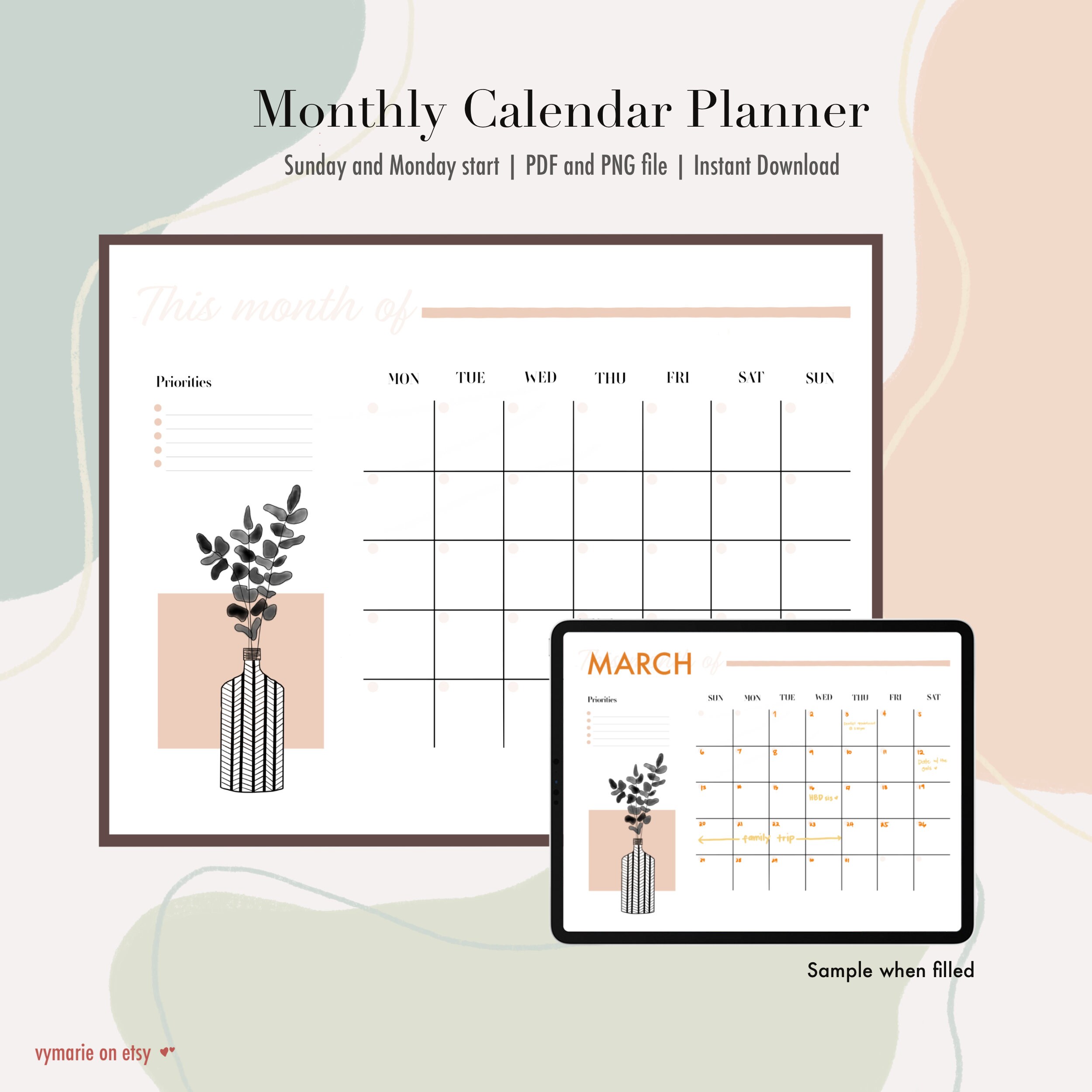 Monthly and Weekly Planner Printable Pdf, Planner Sets, Aesthetic Planner, Monthly Planner ...