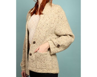 Grof vintage wollen oversized vest met zakken, maat XS/S in beige met neutraal gekleurde spikkelaccenten