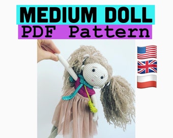 Medium doll crochet pattern, 33cm tall. Available in UK terms, US terms and polish. wzor na lalke na szydelku.