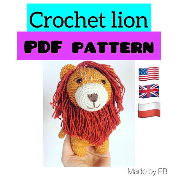 Crochet lion pdf pattern, polski wzor na lwa na szydelku.