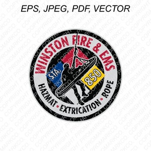 Op de afbeelding: Een zwart-witte ronde patch met de tekst "Winston Fire & EMS" in rood en wit. De patch bevat ook de tekst "Hazmat Extrication Rope" in zwart en wit, en het nummer "850" in geel. De patch toont de silhouet van twee mensen die aan een touw afdalen.