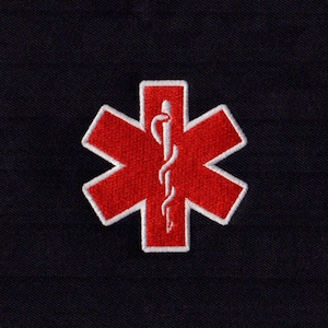 May include: Red embroidered medical star of life with a white caduceus symbol in the center.