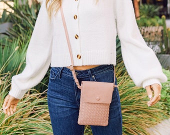 Woven Cell Phone Crossbody Bag: Faux Leather Mini Travel Purse