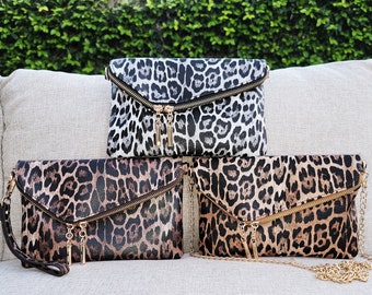 Leopard Print Flap Clutch with Gold Chain Shoulder Strap and Wrist Strap