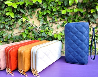 Quilted Double Zip Wallet with Wristlet Strap, Vegan Leather Multi Compartment Long Wallet, Colorful Travel Purse Organizer