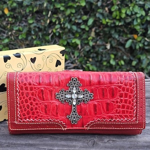 Cartera de cuero genuino rojo estilo occidental, regalo del Día de la Madre, regalo de cumpleaños