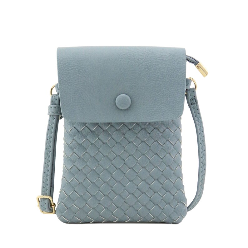 May include: A light blue woven crossbody bag with a flap closure and a gold button. The bag has a long adjustable strap.