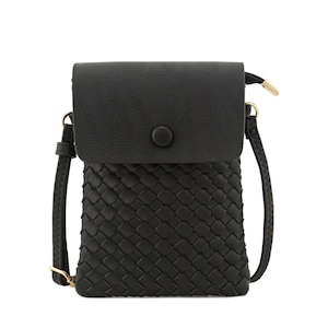 May include: A black woven crossbody bag with a flap closure and a gold button. The bag has a long adjustable strap.