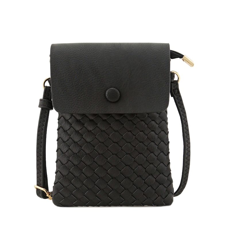 May include: A black woven crossbody bag with a flap closure and a gold button. The bag has a long adjustable strap.