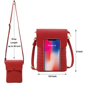 May include: Red woven crossbody phone bag with a flap closure and an adjustable strap up to 26 inches long. The bag measures 5.5 inches wide and 8 inches tall. The bag is shown with an iPhone 12 inside.