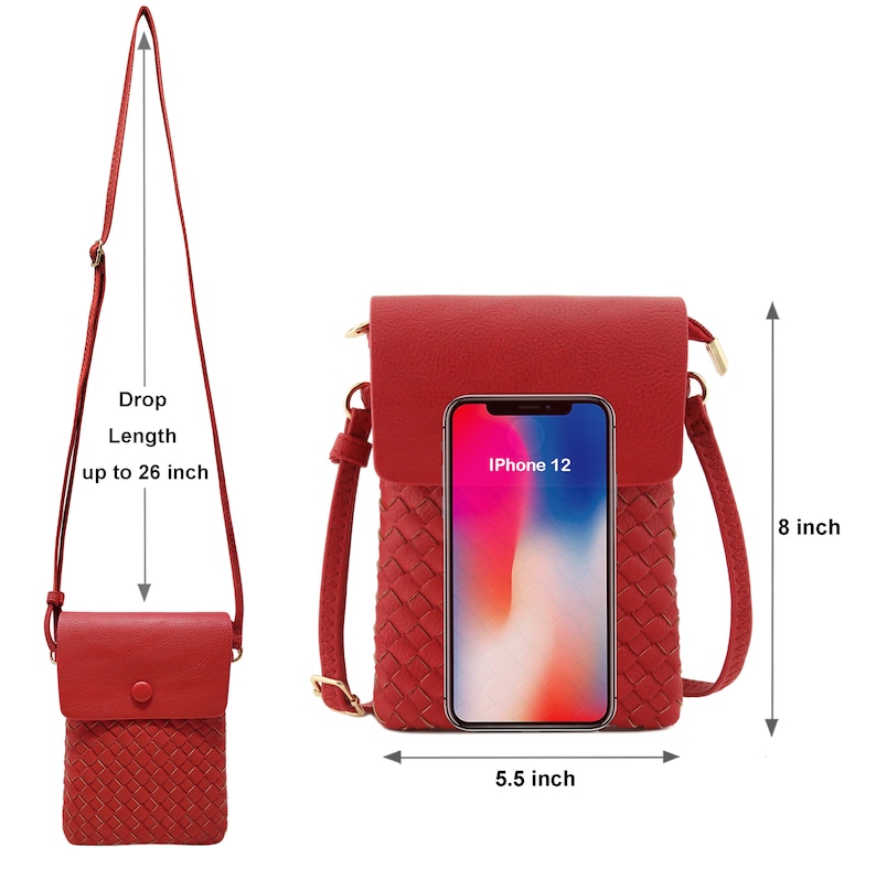 May include: Red woven crossbody phone bag with a flap closure and an adjustable strap up to 26 inches long. The bag measures 5.5 inches wide and 8 inches tall. The bag is shown with an iPhone 12 inside.