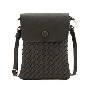 Woven Cell Phone Crossbody Bag: Faux Leather Mini Travel Purse Charcoal Grey