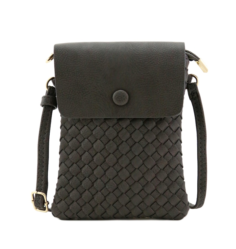 Woven Cell Phone Crossbody Bag: Faux Leather Mini Travel Purse Charcoal Grey