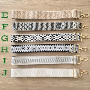 Pu&ograve; includere: Sei tracolle regolabili per borse etichettate da E a J, ognuna con motivi intrecciati distinti in beige, nero e bianco. Le cinghie includono finiture in metallo dorato, nello specifico cursori di regolazione e moschettoni girevoli alle estremit&agrave;.