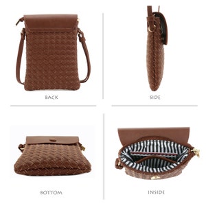 May include: A brown woven crossbody bag with a flap closure. The bag has a gold zipper and a gold chain strap. The inside of the bag is lined with a black and white striped fabric.