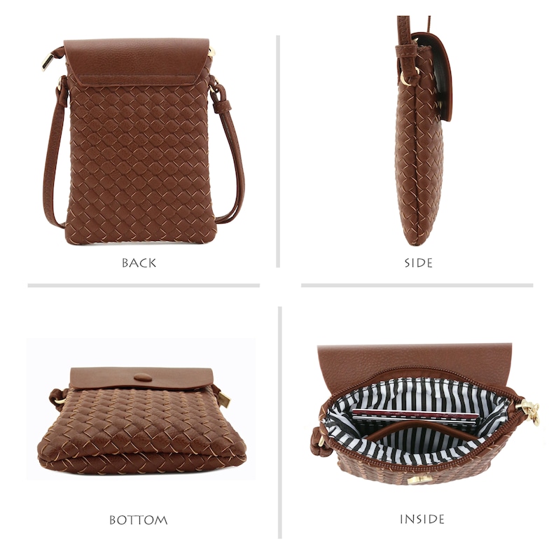 May include: A brown woven crossbody bag with a flap closure. The bag has a gold zipper and a gold chain strap. The inside of the bag is lined with a black and white striped fabric.