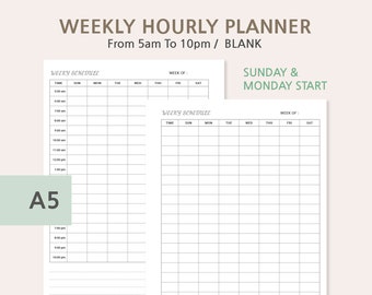 A5 Minimal Weekly Hourly Schedule Planner Template Printable - Etsy