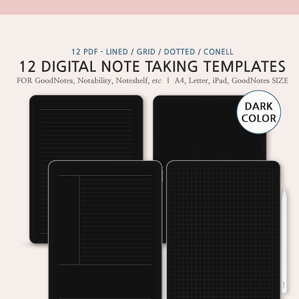 Dark GoodNotes Template, Basic Note Bundle, Black Digital Note Taking Template, iPad Note Paper, Study Note Template, Digital Writing Paper