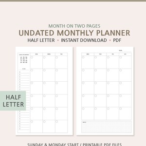 Half Letter Undated Planner Template, Undated Monthly Planner, Month On Two Pages, Printable Planner Insert, Half Size Planner PDF, Monthly