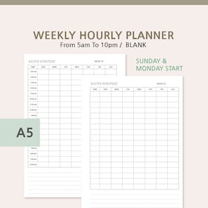 A5 Weekly Hourly Planner Printable, Undated Weekly Schedule, A5 Planner Insert, Planner Template PDF, Blank Hour Planner, Student Planner
