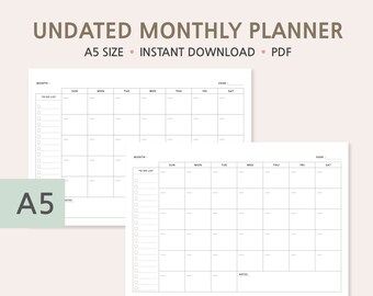 Undated Planner Template, A5 Undated Monthly Planner, Month on Two ...