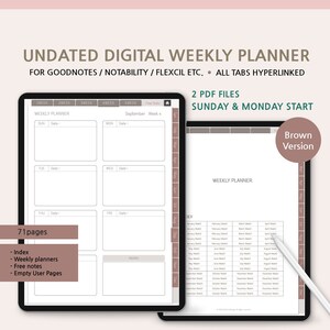 Digital Weekly Planner, Brown Digital Planner, Weekly Planner, GoodNotes Template, iPad Planner, Undated Weekly Planner, Hyperlinked Diary