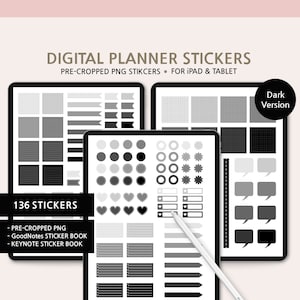 Black&Gray digital Stickers, iPad Stickers, Digital Planner Stickers, GoodNotes Stickers, Pre Cropped PNG, Grey Sticky, Dark Stickers, Black