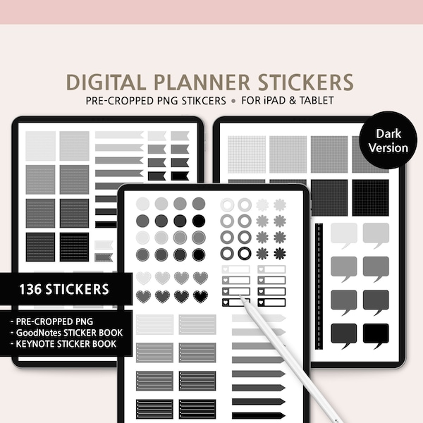 Black&Gray digital Stickers, iPad Stickers, Digital Planner Stickers, GoodNotes Stickers, Pre Cropped PNG, Grey Sticky, Dark Stickers, Black