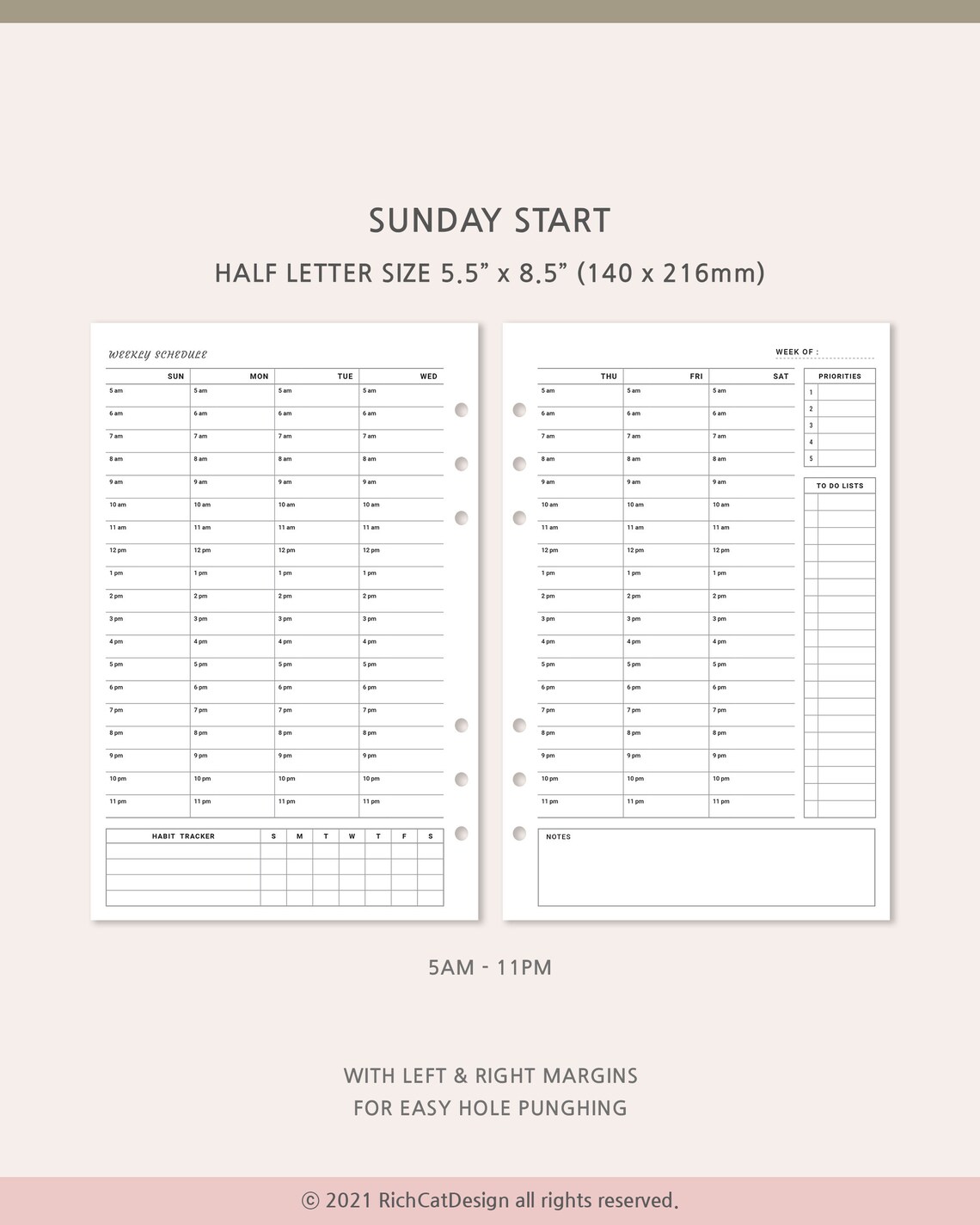 Half Weekly Hourly Planner Printable, Undated Weekly Schedule, Week on ...