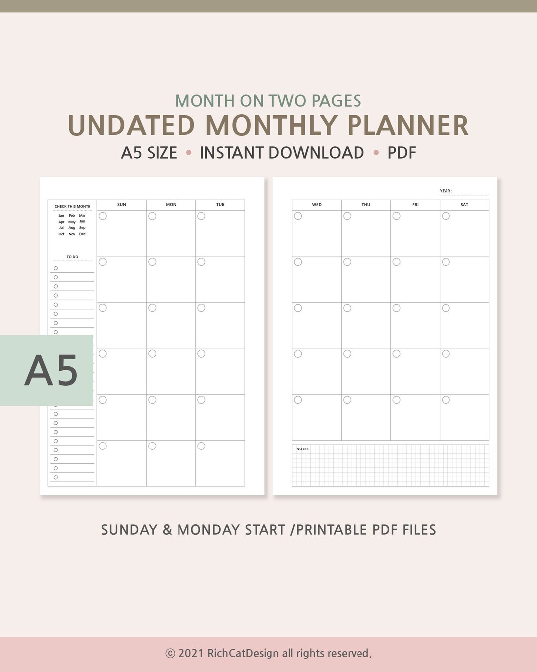 Undated Planner Template, A5 Undated Monthly Planner, Month on Two ...