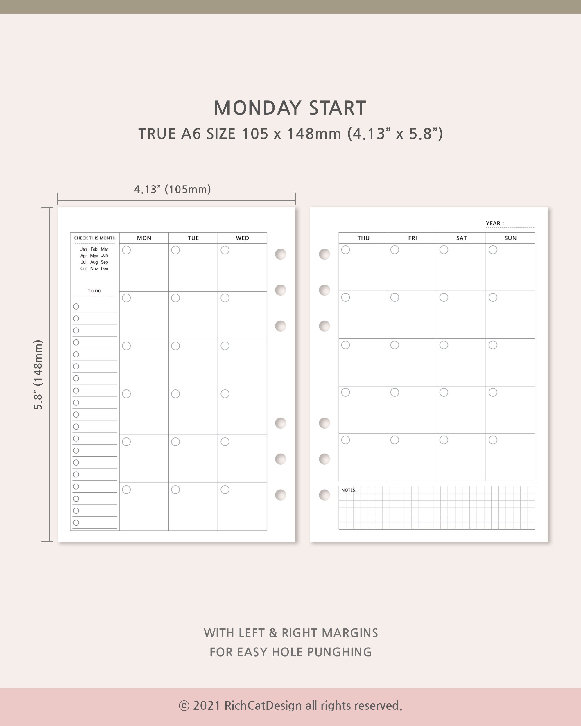A6 Monthly Printable Planner Insert, Undated Planner Template, Month on ...