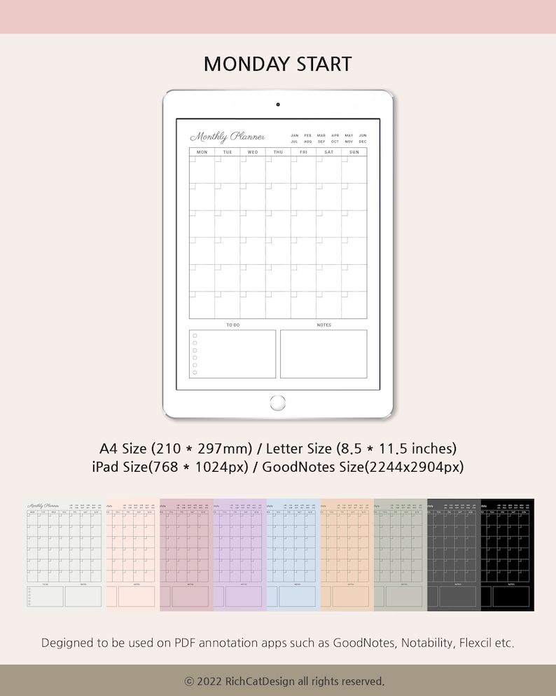 10 Colors Goodnotes Monthly Planner Template, Digital Monthly Insert